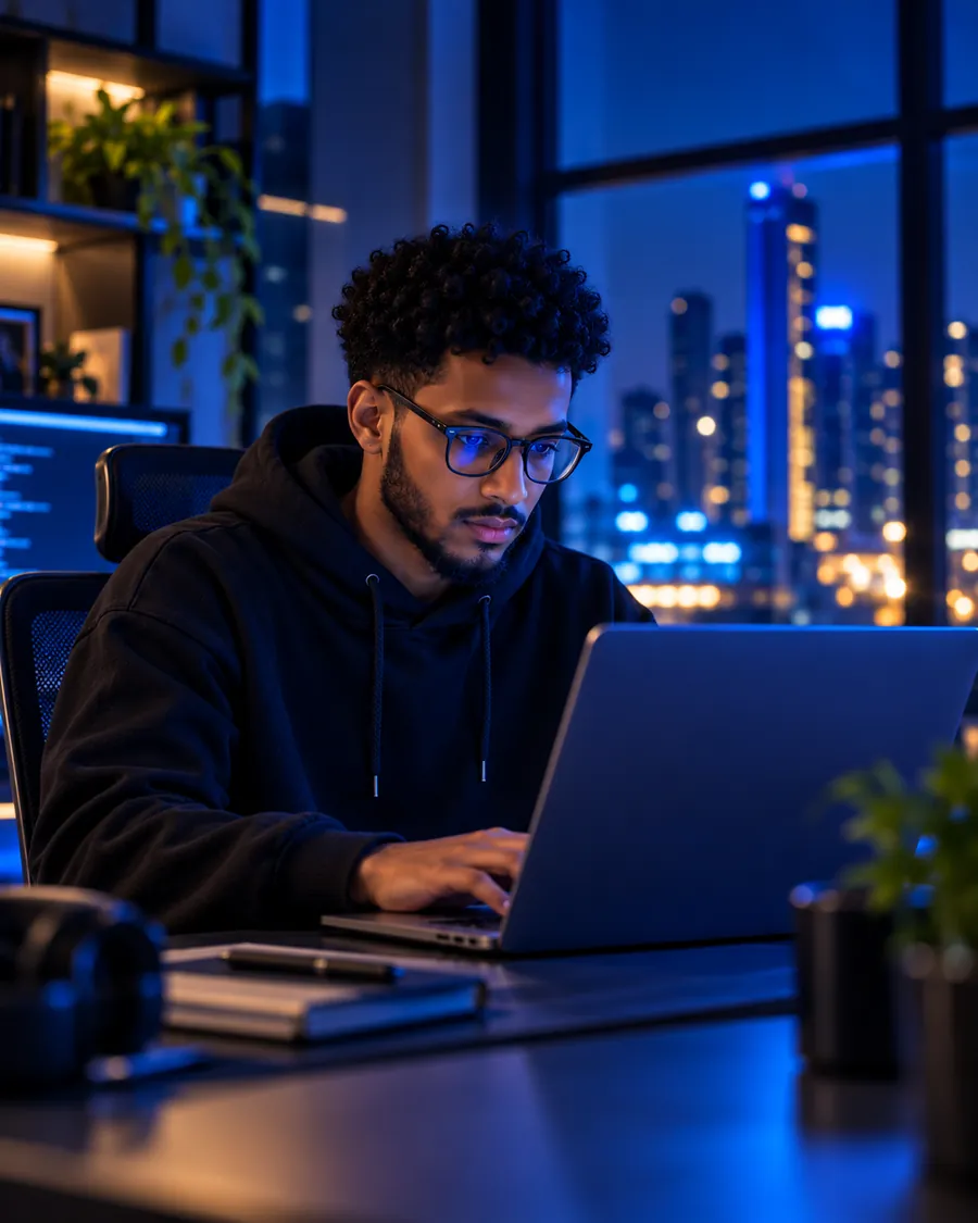 A Daljir Tech developer working on a laptop in the office at night