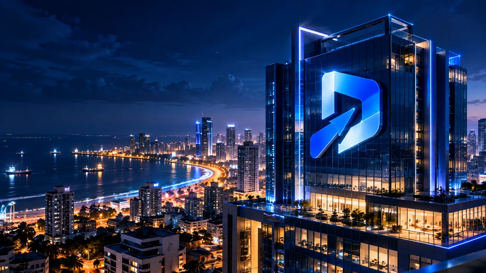 Daljir Tech headquarters lit up at night above the city coastline